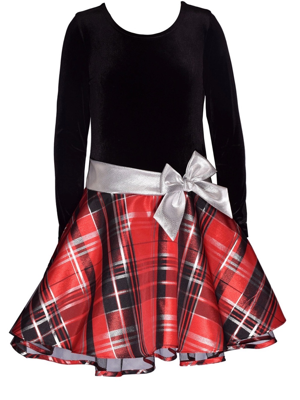 Bonnie Jean Black Velvet Top with Red Plaid Skirt and Silver Bow
